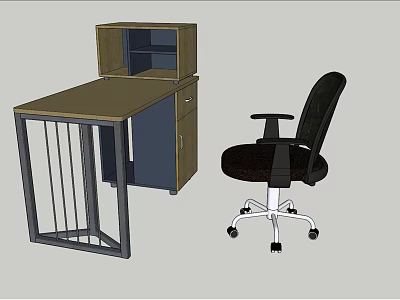 Wooden Office Desk With Metal Frame Drawer Cabinet Open Shelf And Black Chair 3d model