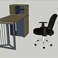 Wooden Office Desk With Metal Frame Drawer Cabinet Open Shelf And Black Chair