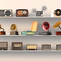 Vintage Audio Equipment Collection On Shelves Displaying Radios Gramophones And Tape Recorders