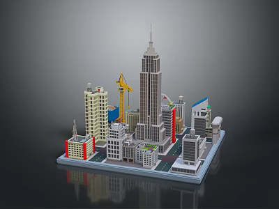 Cartoon City Scene With Tall Skyscrapers Construction Crane And Various Style Buildings 3d model