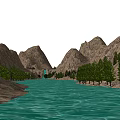 Natural Garden Landscape With Scenic Mountains Flowing River And Green Trees