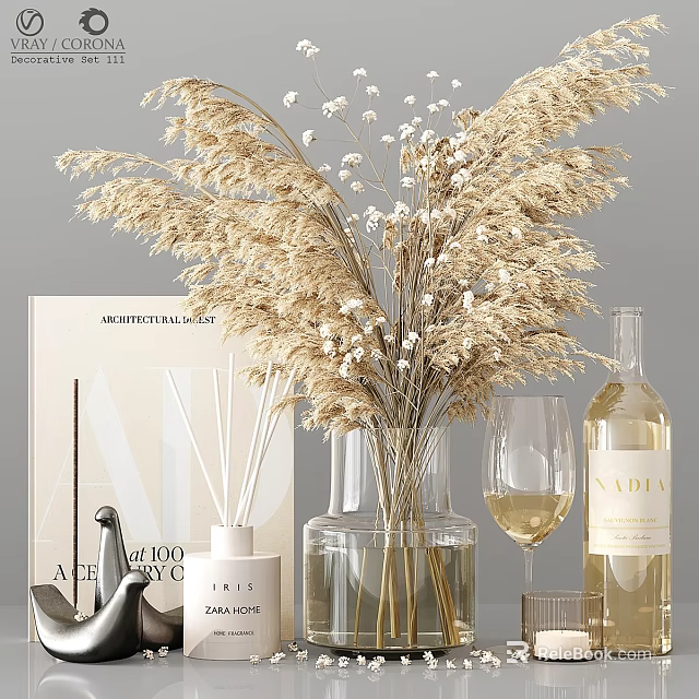 Decorative Ornament Set With Dried Flowers Glass Vase Reed Diffuser Wine Glass Bottle And Magazine 3d model 