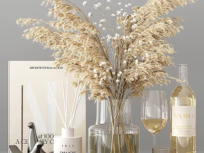 Decorative Ornament Set With Dried Flowers Glass Vase Reed Diffuser Wine Glass Bottle And Magazine 3d model