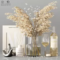 Decorative Ornament Set With Dried Flowers Glass Vase Reed Diffuser Wine Glass Bottle And Magazine