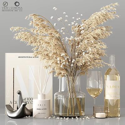 Decorative Ornament Set With Dried Flowers Glass Vase Reed Diffuser Wine Glass Bottle And Magazine 3d model
