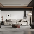 Modern Living Room Interior With Beige Sofa Black Armchair Coffee Table And Floor Lamp
