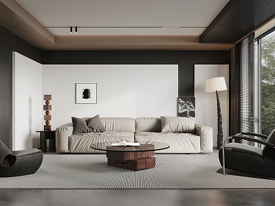 Modern Living Room Interior With Beige Sofa Black Armchair Coffee Table And Floor Lamp 3d model