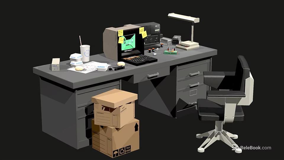 Functional Office Desk With Computer Monitor Lamp Keyboard Papers Cup And Chair 3d model 