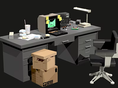 Functional Office Desk With Computer Monitor Lamp Keyboard Papers Cup And Chair 3d model