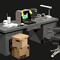 Functional Office Desk With Computer Monitor Lamp Keyboard Papers Cup And Chair