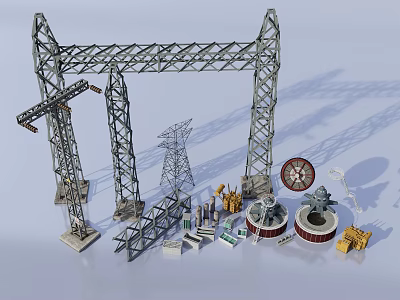 Heavy Duty Industrial Electrical Equipment With Steel Towers Components And Tools 3d model