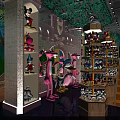 Pink Panther Themed Shopping Mall Store With Castle Shaped Decor Green Walls And Product Shelves