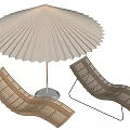 Two Modern Woven Lounge Chairs With Fan Shaped Umbrella And Metal Base Design