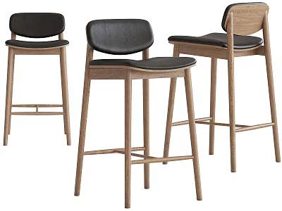 Modern Bar Stools With Wooden Frame And Black Leather Seats Design 3d model