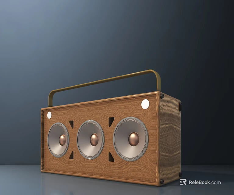 Vintage Wooden Sound Speaker With Three Round Speakers And Golden Handle 3d model 