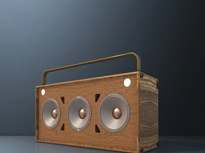 Vintage Wooden Sound Speaker With Three Round Speakers And Golden Handle 3d model