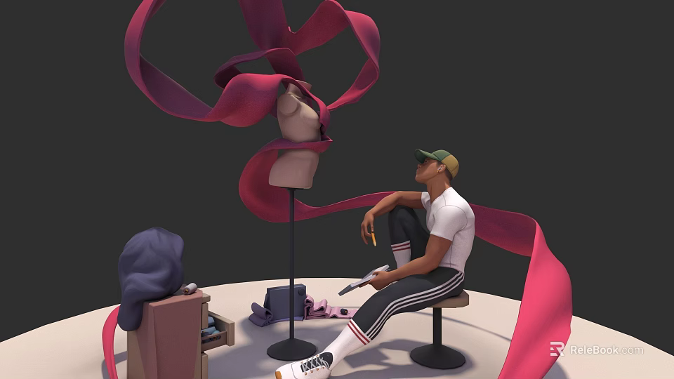 Man in Green Cap White T-shirt Sitting on Stool with Mannequin Red Ribbons Open Box 3d model 