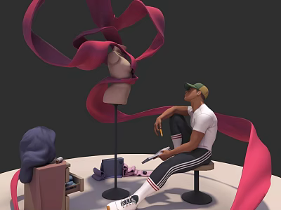 Man in Green Cap White T-shirt Sitting on Stool with Mannequin Red Ribbons Open Box 3d model