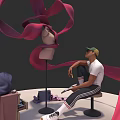 Man in Green Cap White T-shirt Sitting on Stool with Mannequin Red Ribbons Open Box