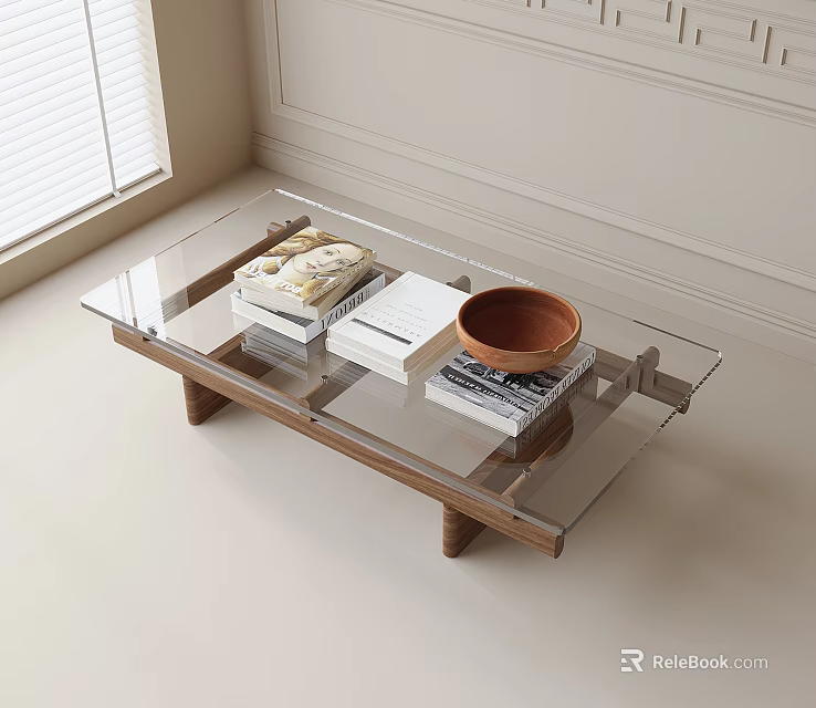 Modern Glass Top Coffee Table With Wooden Legs Books And Wooden Bowl 3d model 