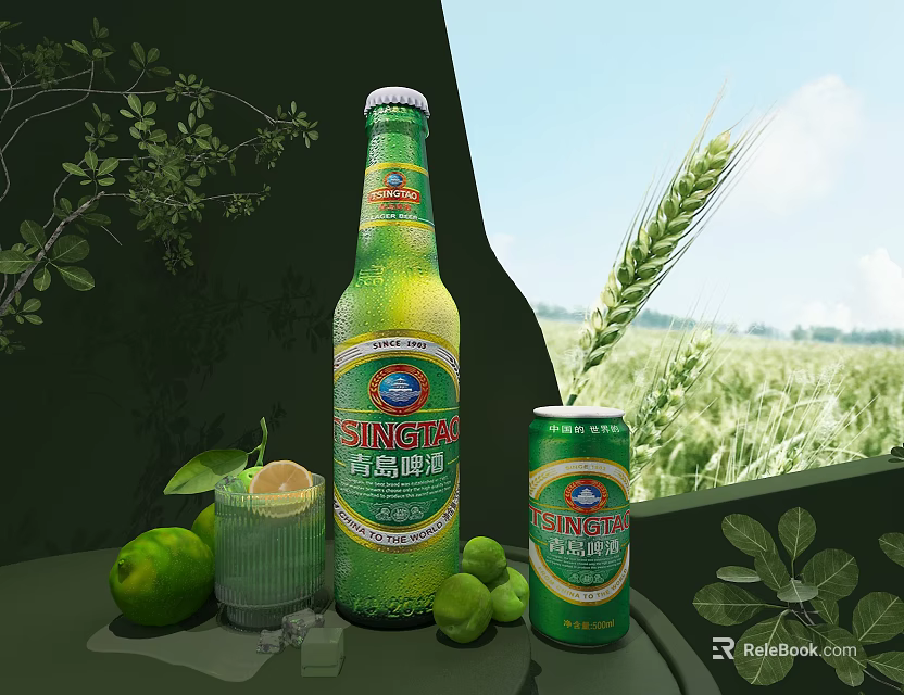 Tsingtao Beer Bottle and Glass with Lime Ice Cubes Wheat Ears and Green Leaves 3d model 