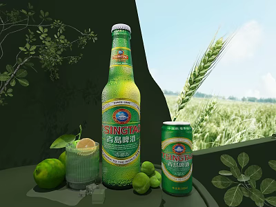 Tsingtao Beer Bottle and Glass with Lime Ice Cubes Wheat Ears and Green Leaves 3d model