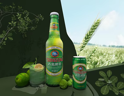Tsingtao Beer Bottle and Glass with Lime Ice Cubes Wheat Ears and Green Leaves 3d model