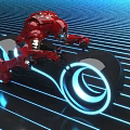 Futuristic Red Motorcycle With Glowing Blue Ring Wheels On Dark Ground With Blue Lines