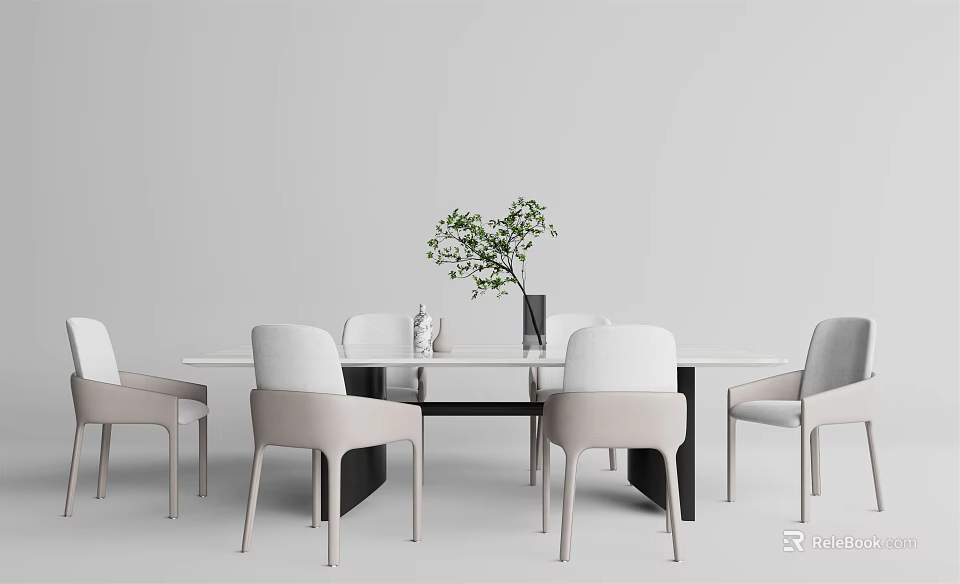 Modern Dining Table Set with Rectangular Table Six Light Chairs Vase Green Plant and Decorations 3d model