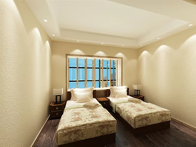 Hotel Guest Room With Twin Beds Beige Walls Nightstands Table Lamps And Large Window 3d model