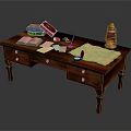 Vintage Wooden Desk with Drawers Old Books Papers Inkwell and Copper Lantern