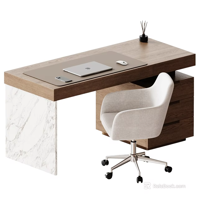 Modern Home Office Desk With Marble Accent And Comfortable Fabric Rolling Chair Set For Workspace 3d model 