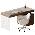 Modern Home Office Desk With Marble Accent And Comfortable Fabric Rolling Chair Set For Workspace