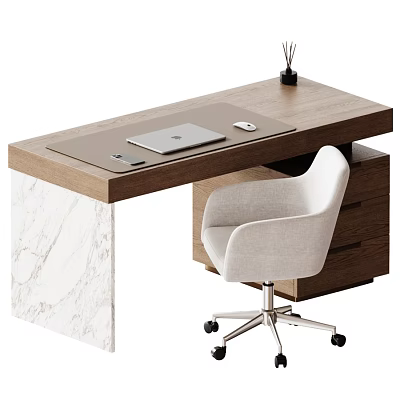 Modern Home Office Desk With Marble Accent And Comfortable Fabric Rolling Chair Set For Workspace 3d model
