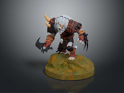 Fantasy Warrior Creature With Horned White Fur Armor And Claws On Green Brown Base 3d model