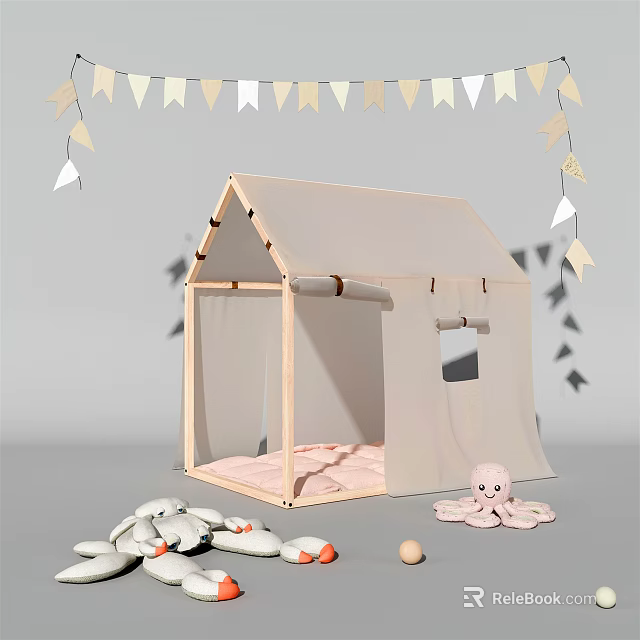 Kids Play Tent with Wooden Frame Beige Canvas Hanging Bunting Stuffed Octopus and Pebble Toys 3d model 