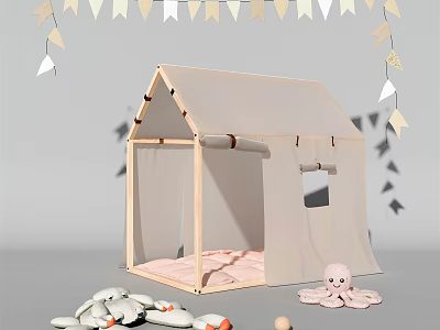 Kids Play Tent with Wooden Frame Beige Canvas Hanging Bunting Stuffed Octopus and Pebble Toys 3d model