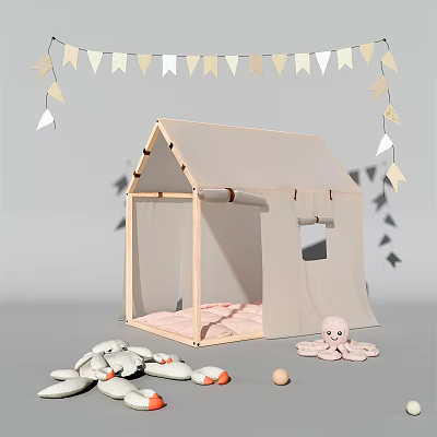 Kids Play Tent with Wooden Frame Beige Canvas Hanging Bunting Stuffed Octopus and Pebble Toys 3d model