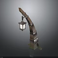 Wooden Curved Street Lamp With Hanging Lantern And Metal Accents