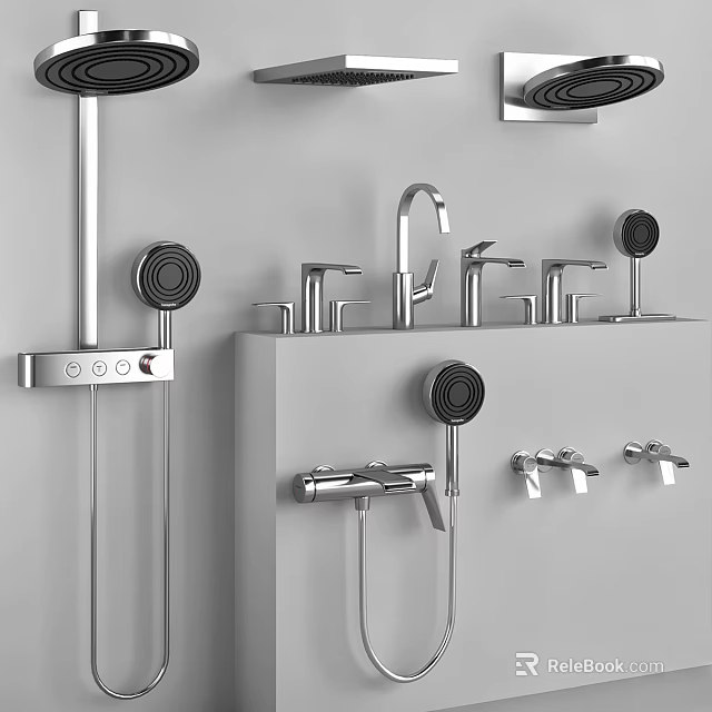 Sleek Modern Chrome Shower Heads With Wall Mounted Faucets And Bathroom Fixtures 3d model 