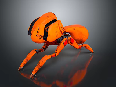 Orange Mechanical Ant Game Character With Metallic Joints And Reflective Surface 3d model