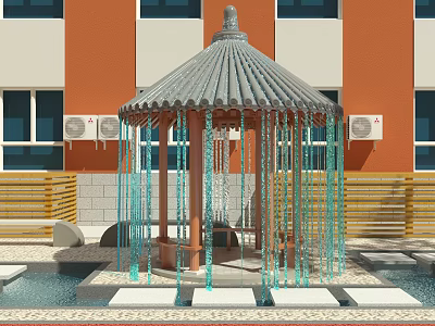 Traditional Garden Pavilion With Gray Tiled Roof And Blue Hanging Chains By Orange Building 3d model