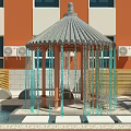 Traditional Garden Pavilion With Gray Tiled Roof And Blue Hanging Chains By Orange Building