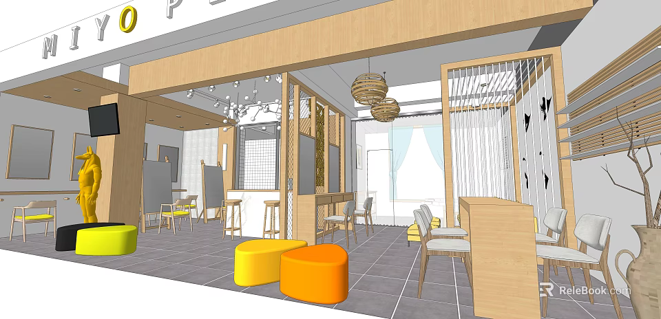 Modern Beauty Hair Salon Interior Design With Wooden Elements Colorful Stools Pendant Lights And Tables 3d model 