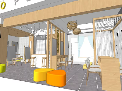 Modern Beauty Hair Salon Interior Design With Wooden Elements Colorful Stools Pendant Lights And Tables 3d model