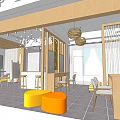 Modern Beauty Hair Salon Interior Design With Wooden Elements Colorful Stools Pendant Lights And Tables