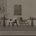 Japanese Style Wooden Table And Chair Set With Woven Screen Decorative Painting And Green Plant