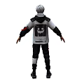 A Man With White Hair Mask In White Jacket Black Sleeves Patterned T-shirt Black Pants