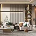 Modern Living Room Interior Design With Beige Green Sofas Striped Wall Coffee Table And Plants