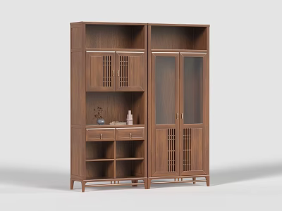 Wooden Chinese Style Display Cabinet With Glass Doors Drawers And Decorative Items 3d model